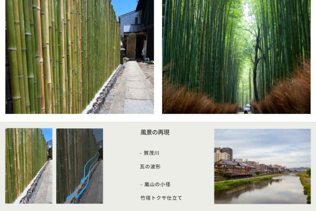 京都白川の細長い路地の竹垣工事画像。京町家の庭のガーデンデザイン。京都の町屋の庭の再生プロジェクト。