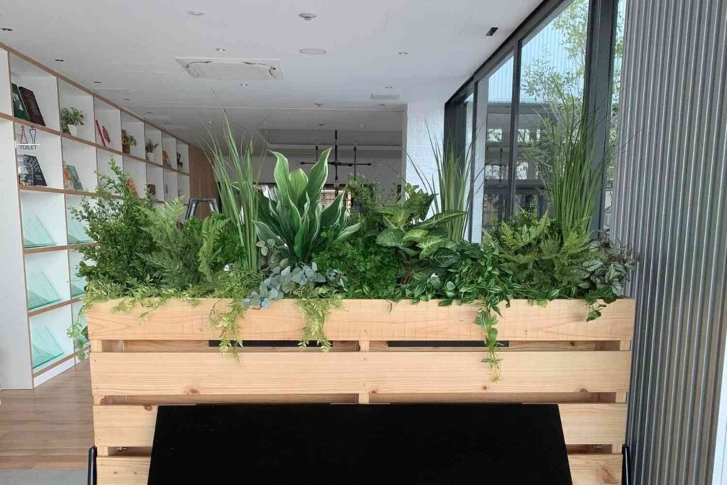 室内緑化・観葉植物レンタルのインドアグリーン施工事例。木製のプランターに装飾した植物画像。