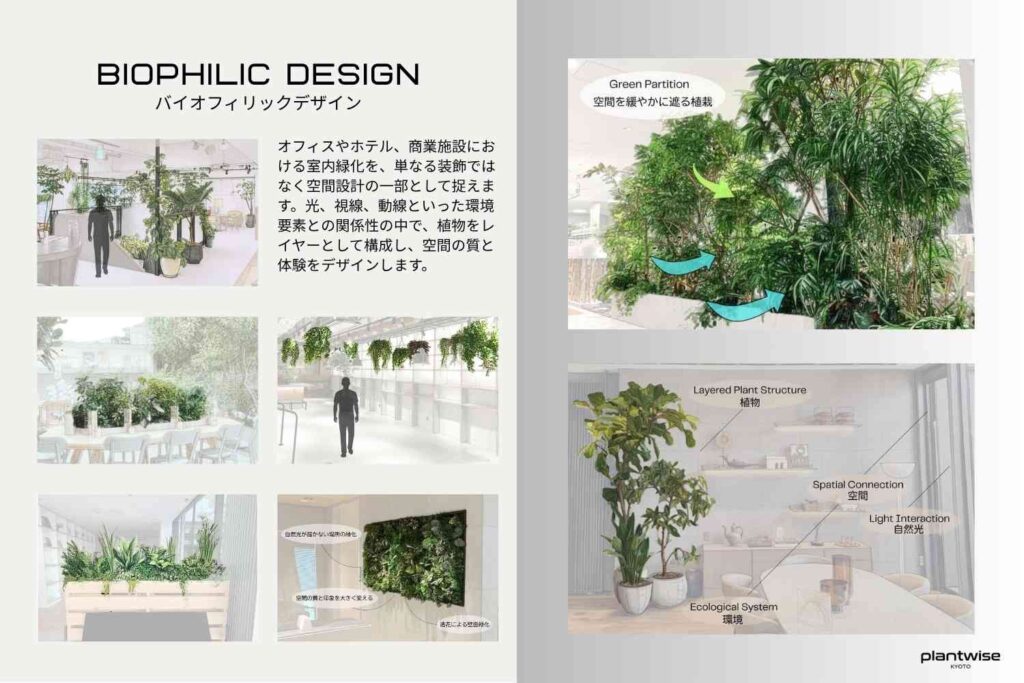 京都の観葉植物レンタルを行うplantwiseのバイオフィリックデザインサービス概要図